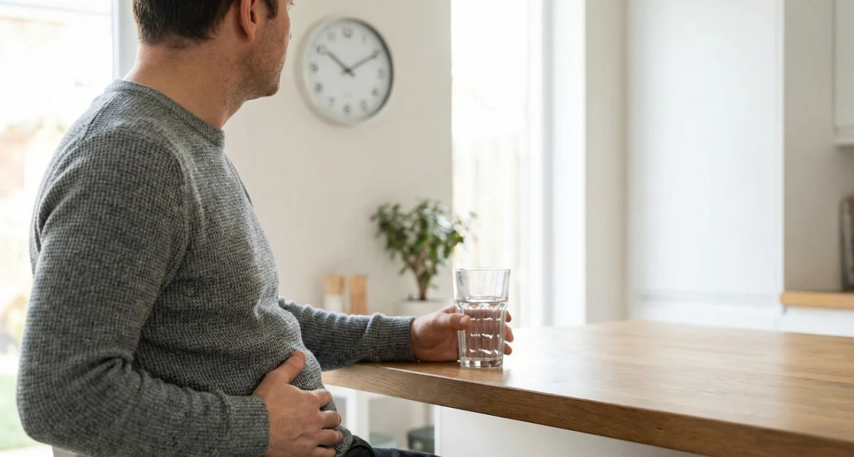 Mann sitzt an einem Küchentresen, hält ein Glas Wasser und legt die andere Hand auf den Bauch; im Hintergrund hängen eine Wanduhr und eine Zimmerpflanze.