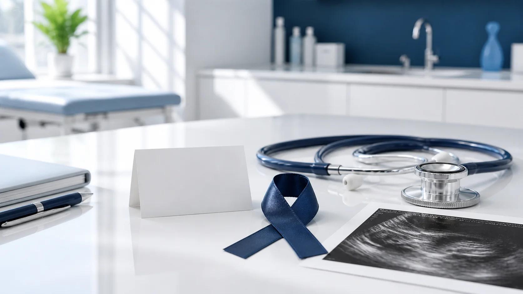 Blauer Awareness-Ribbon mit Stethoskop und Ultraschallbild zur Früherkennung von Hodenkrebs