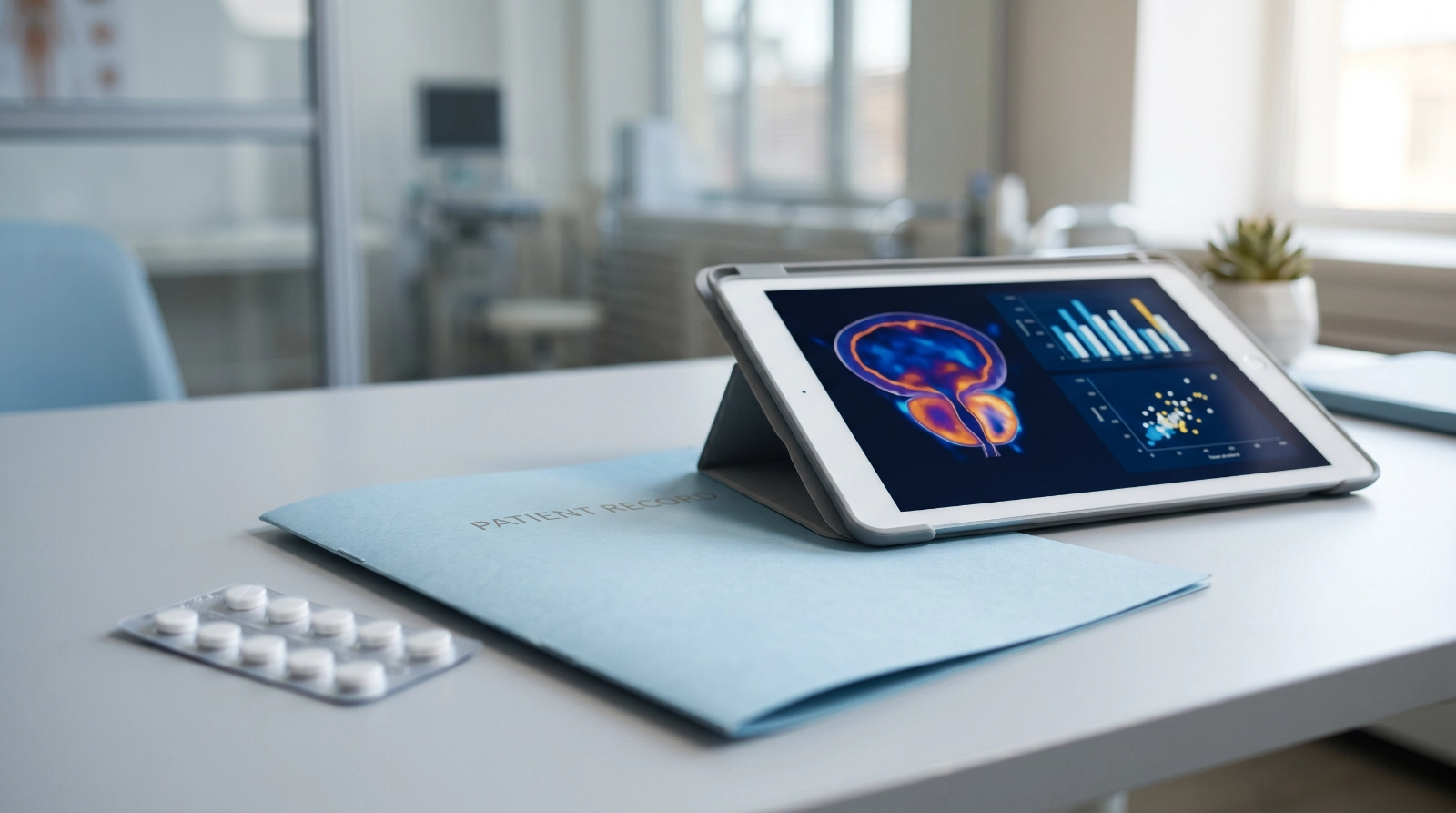 Symbolbild zur PROTEUS-Studie: Tablet mit Prostata-Grafik in einer urologischen Praxis.