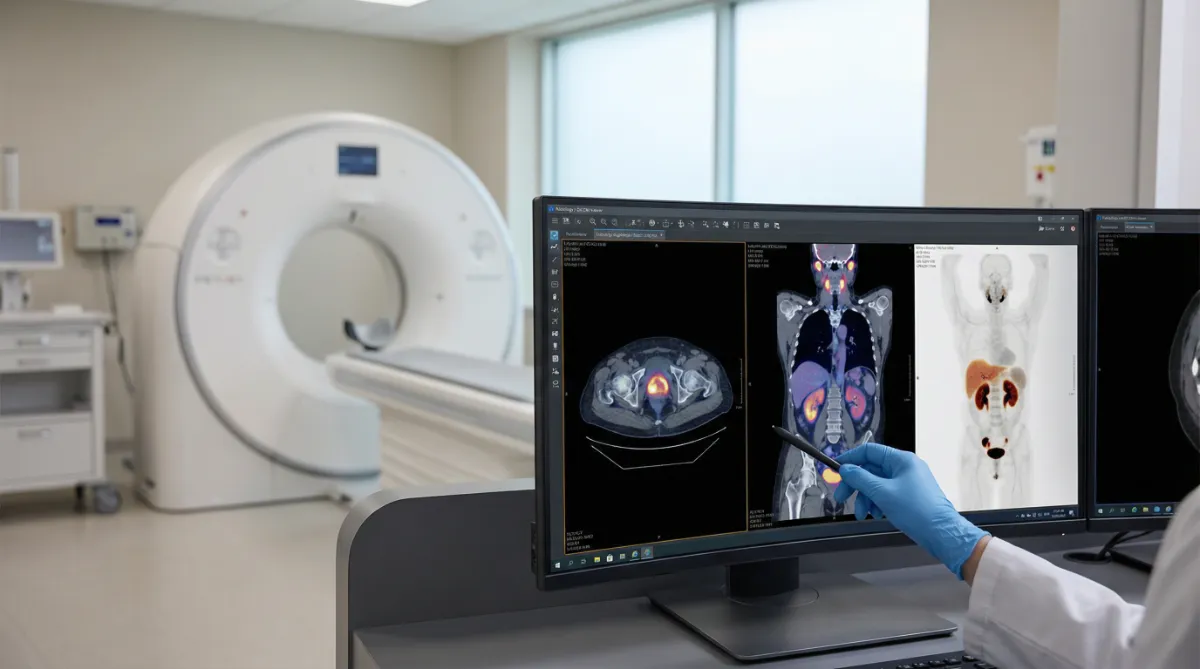 PSMA-PET/CT am Befundungsmonitor: Ärztliche Hand zeigt auf PET/CT-Aufnahmen mit Ganzkörperdarstellung; im Hintergrund ein Scanner im Untersuchungsraum.