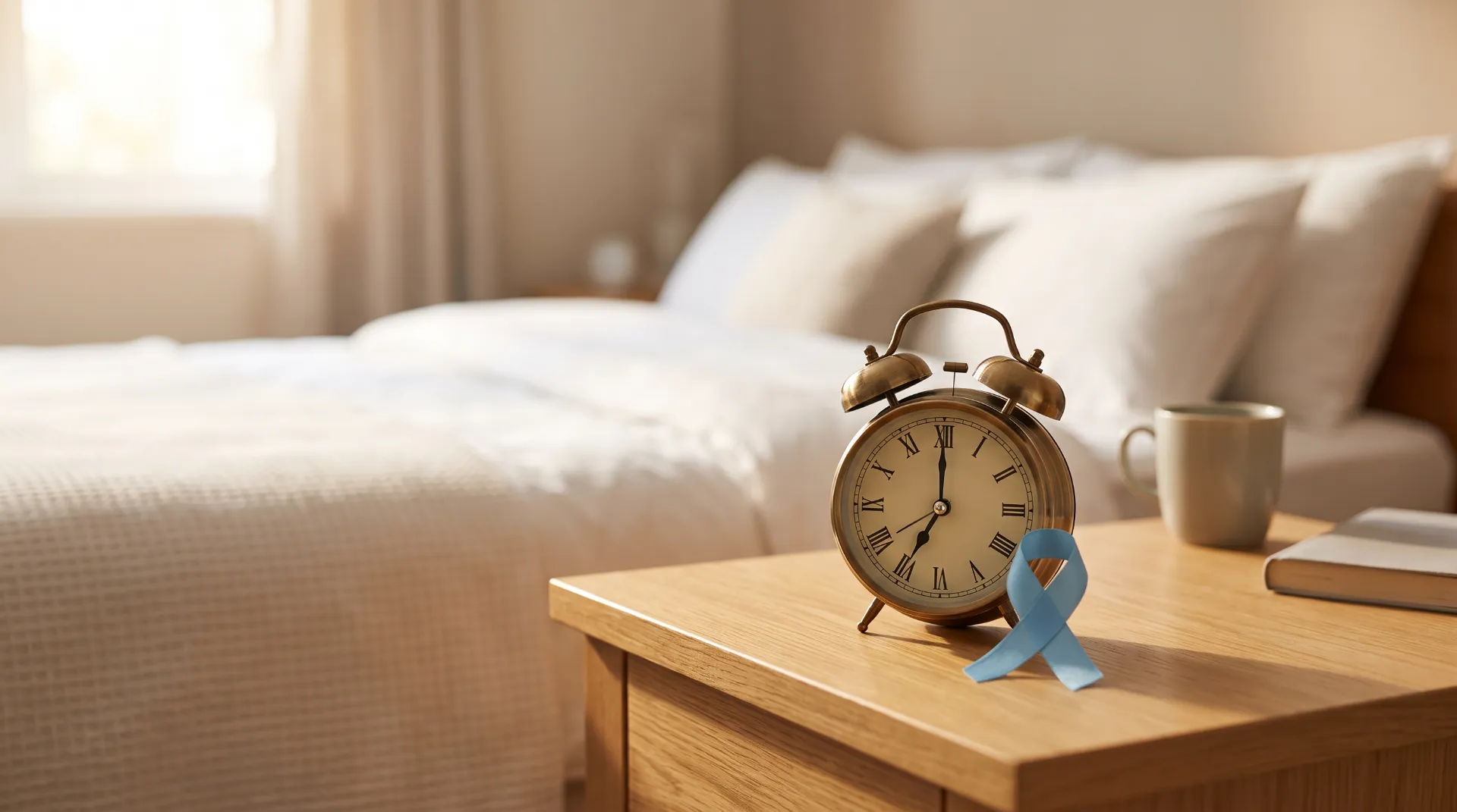 Wecker und blaue Prostatakrebs-Schleife am Bett als Symbol für die Erholungszeit der Erektionsfähigkeit nach einer Prostata-OP