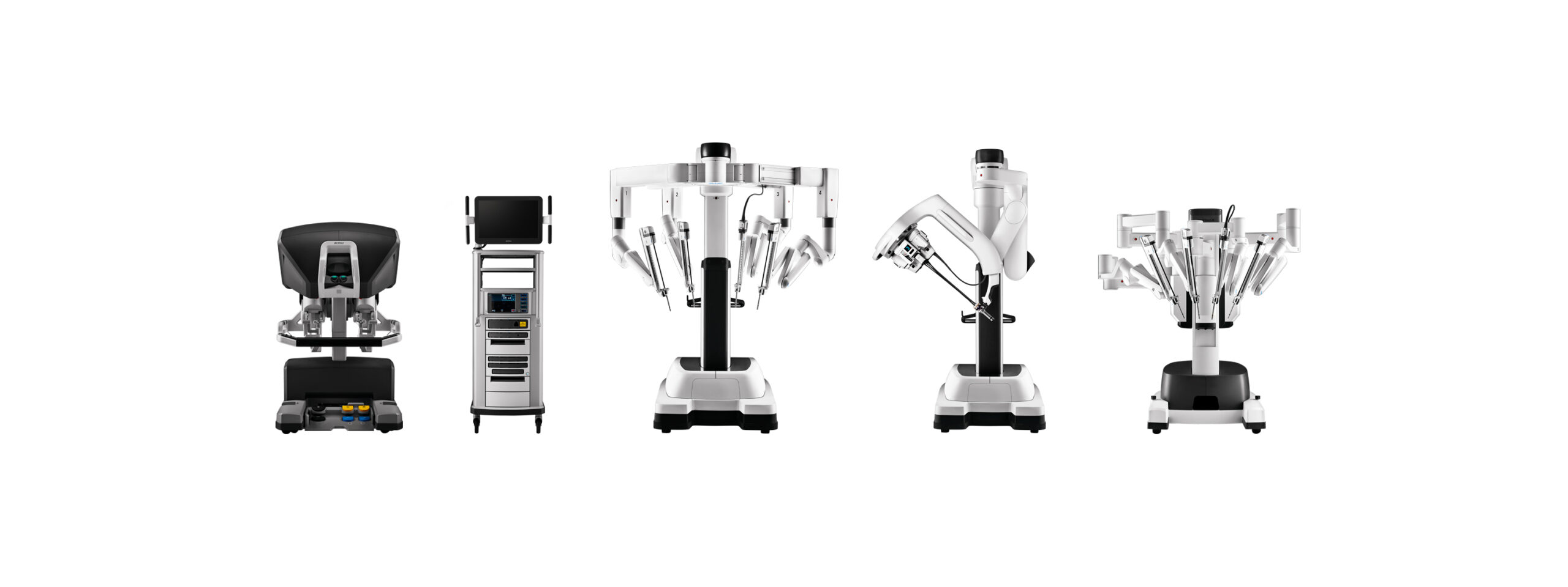 Das Bild zeigt das Da Vinci Operationssystem in fünf verschiedenen Ansichten. Zu sehen sind die Steuerkonsole, die Bildverarbeitungseinheit und der mehrarmige Roboter, der chirurgische Instrumente präzise führen kann.