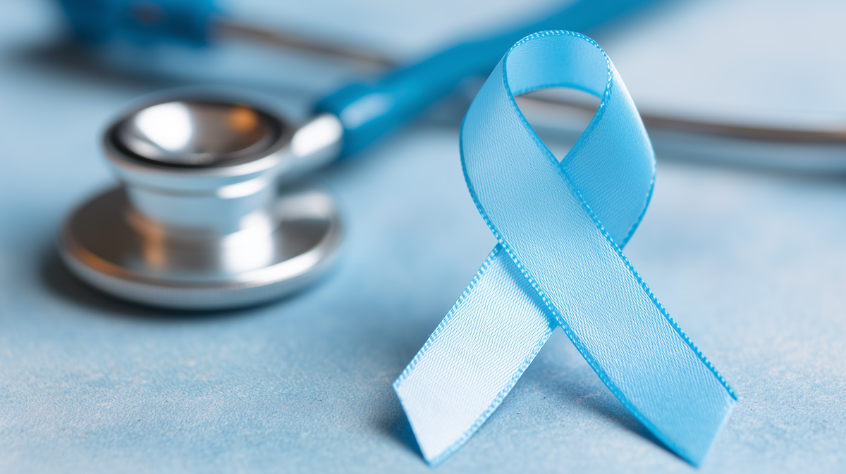 Hellblaues Bewusstseinsband als Symbol für Männergesundheit, neben einem Stethoskop – ein visuelles Zeichen, um Prostatakrebs zu verstehen und die Bedeutung der Vorsorge hervorzuheben.